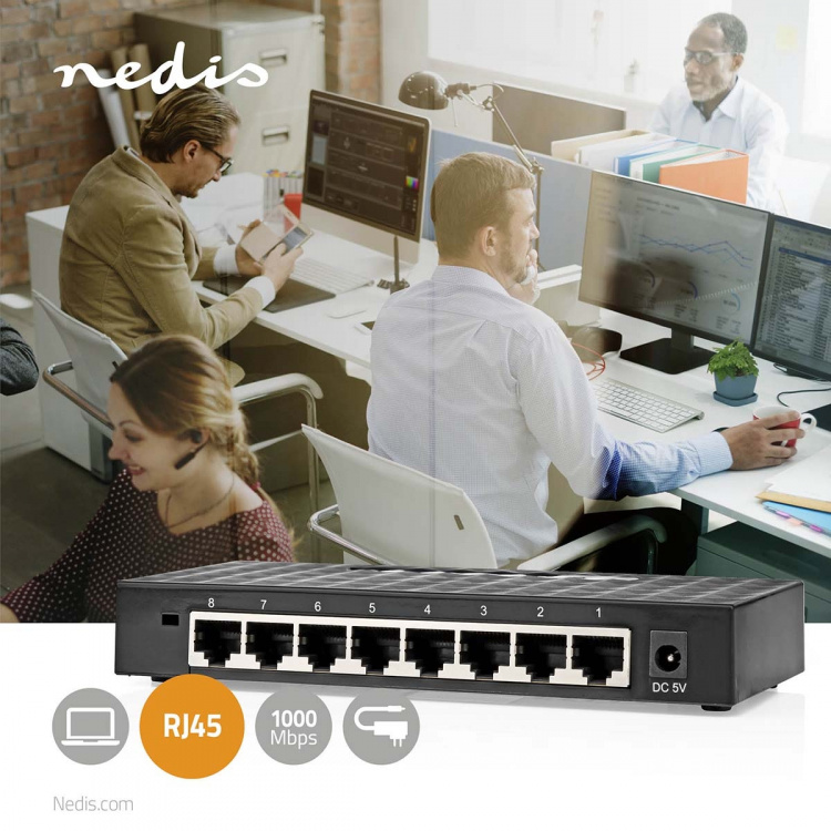 Nedis Netværk switch | Vind hastighed: Gigabit | Antal Ethernet-porte: 8
