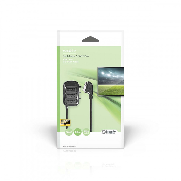 Nedis SCART Switchbox | SCART Han | 3x SCART Hun | Nikkelplateret | Maksimal opløsning: 800x480 | 0.50 m | Runde | PVC | Sort | Box
