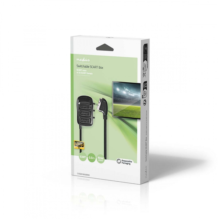 Nedis SCART Switchbox | SCART Han | 3x SCART Hun | Nikkelplateret | Maksimal opløsning: 800x480 | 0.50 m | Runde | PVC | Sort | Box