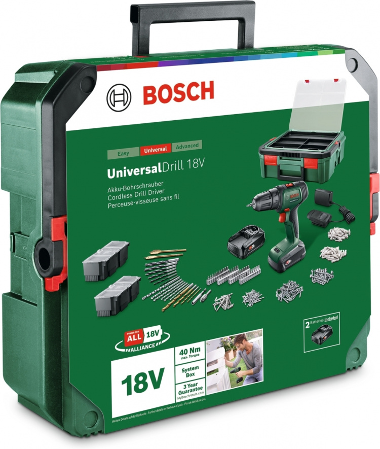 Bosch UniversalDrill 18V + SystemBox 241 akku-boremaskine + tilbehørssæt