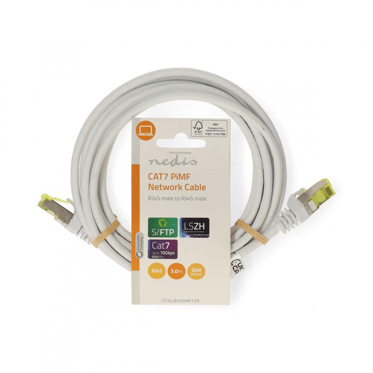 Nedis CAT7 netværkskabel | S/FTP | RJ45 Han | RJ45 Han | 3.00 m | Snagless | Runde | LSZH | Hvid | Label
