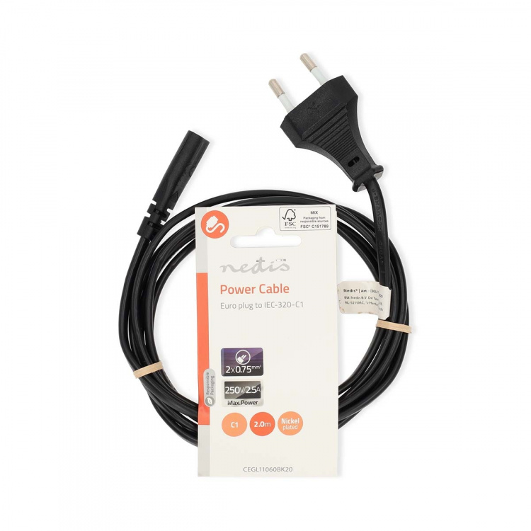 Nedis Strømkabel | Euro Mand | IEC-320-C1 | Lige | Lige | Nikkelplateret | 2.00 m | Runde | ABS/PVC | Sort | Label