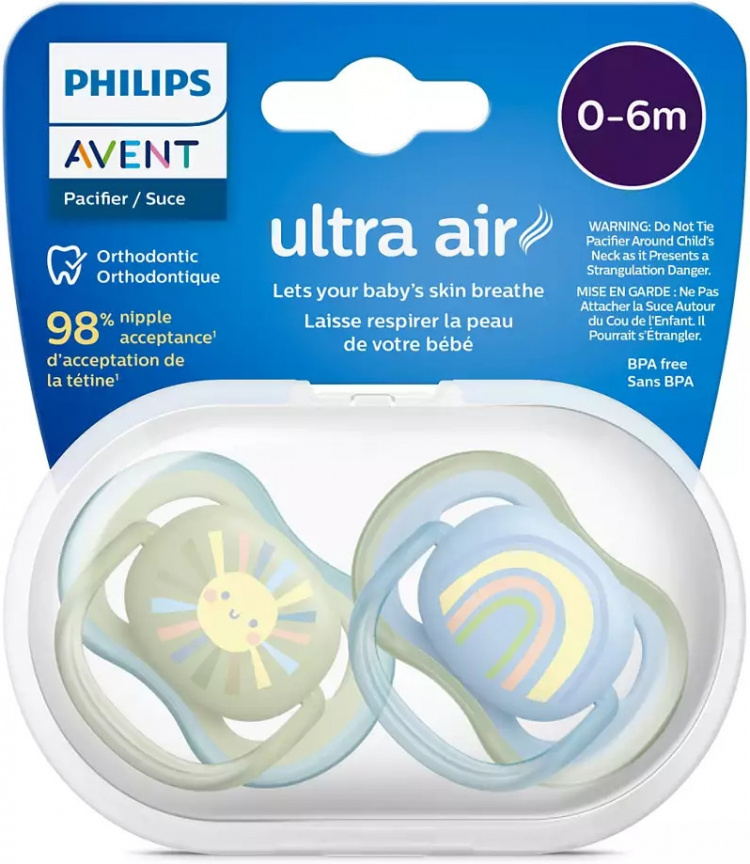 Philips Avent SCF085/58 Ultra Air-sutter 0-6 måneder, 2 stk, sol Philips Avent SCF085/58 Ultra Air-sutter 0-6 måneder, 2 stk, sol