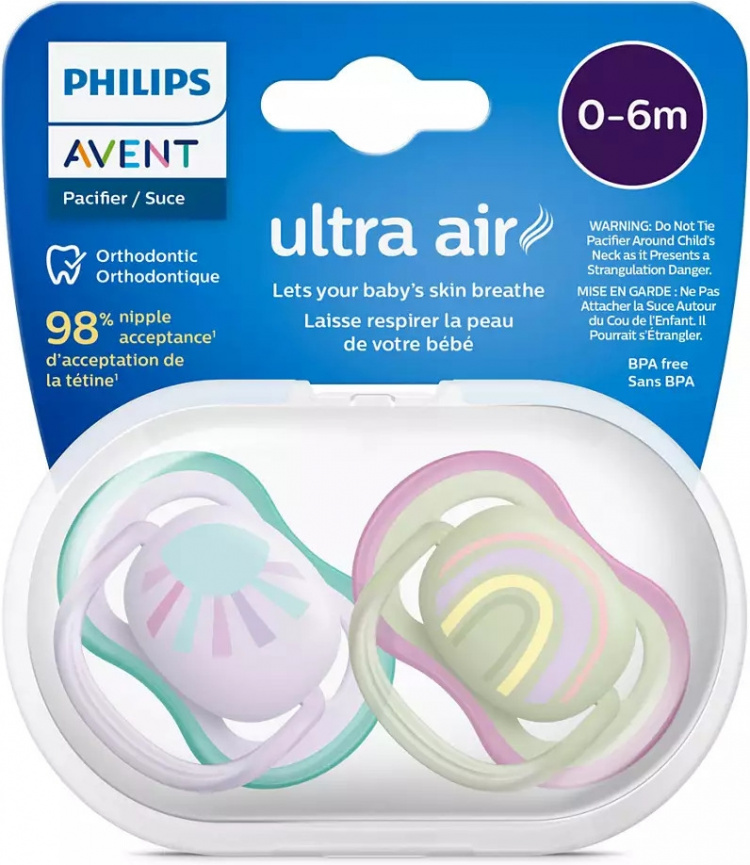 Philips Avent SCF085/59 Ultra Air-sutter 0-6 måneder, 2 stk, regnbuefarvet