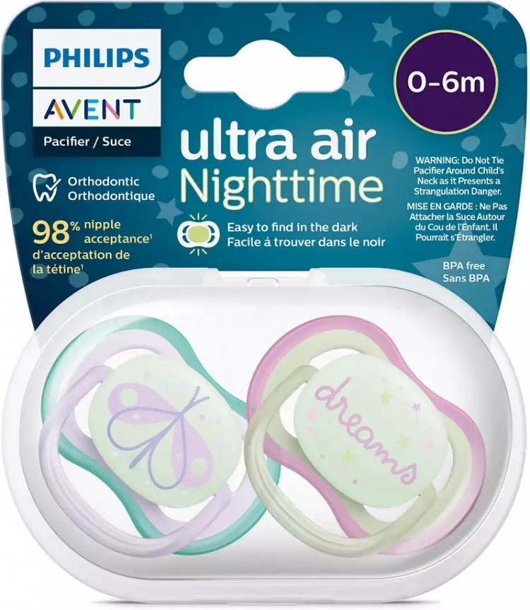 Philips Avent SCF376/19 Ultra Air Nighttime-sutter 0-6 måneder, 2 stk, sommerfugl
