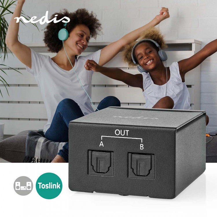 Nedis Video Transmitter | 1-veje | Indgang til lyd- / video- / dataforbindelser: TosLink Female | Audio / video / dataforbindelser output: 2x TosLink | Trykknap | Metal | Sort