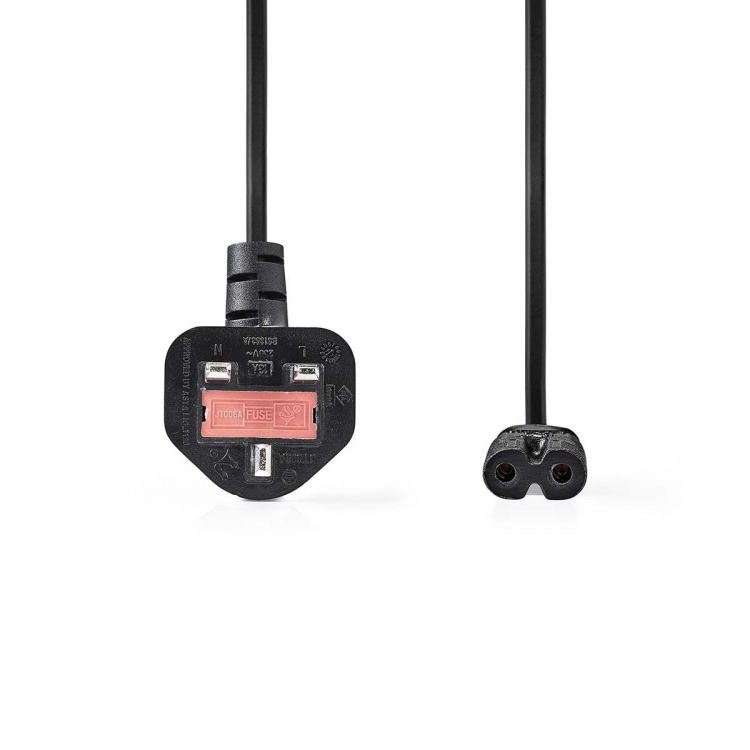 Nedis UK Strømkabel | UK Han | IEC-320-C7 | 2.00 m | Ja | 2 x 0.75 mm² | Kobber | Runde | Nikkelplateret | UK | PVC | Stik: UK / Type G | 250 V AC | 3 A | Sort