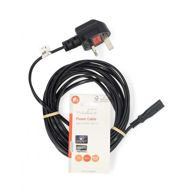 Nedis UK Strømkabel | UK Han | IEC-320-C7 | 5.00 m | Ja | 2 x 0.75 mm² | Kobber | Runde | Nikkelplateret | UK | PVC | Stik: UK / Type G | 250 V AC | 3 A | Sort