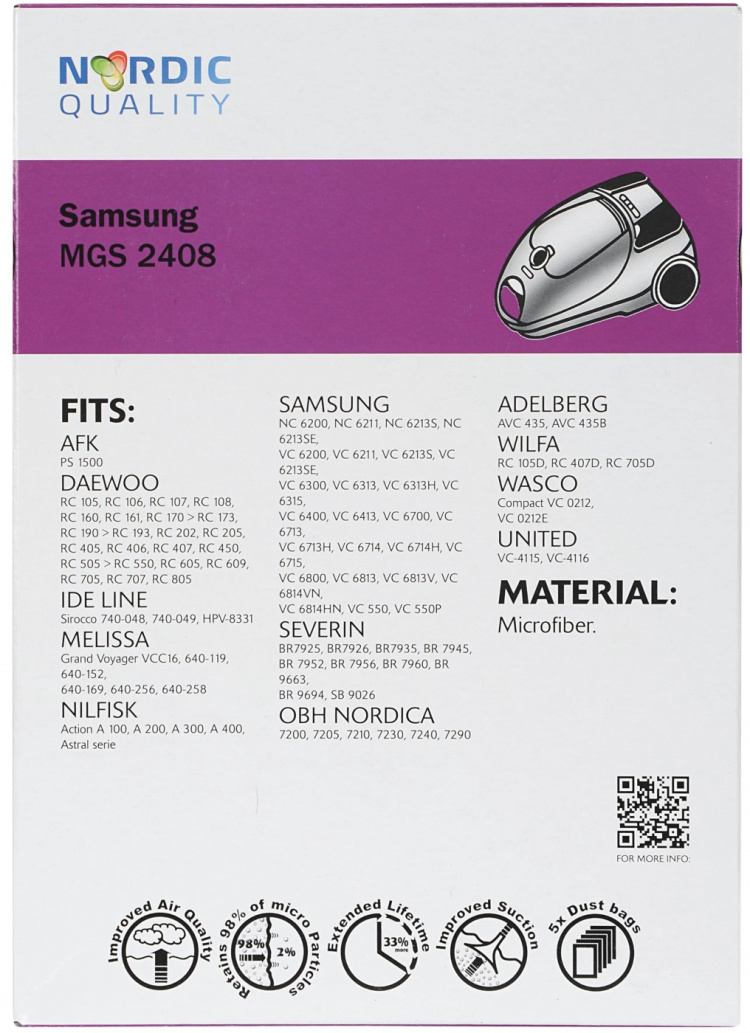Nordic Quality MGS 2408 Dammsugarpåsar, 5 st