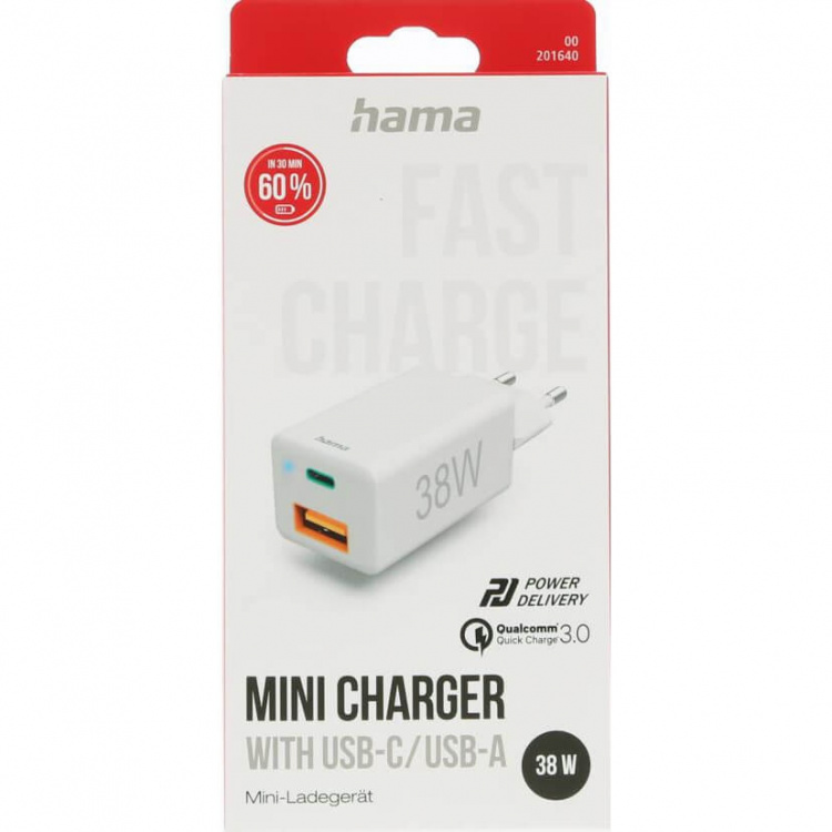 Hama Mini-oplader USB-C + USB-A Qualcomm 3.0 38W Hvid Hama Mini-oplader USB-C + USB-A Qualcomm 3.0 38W Hvid