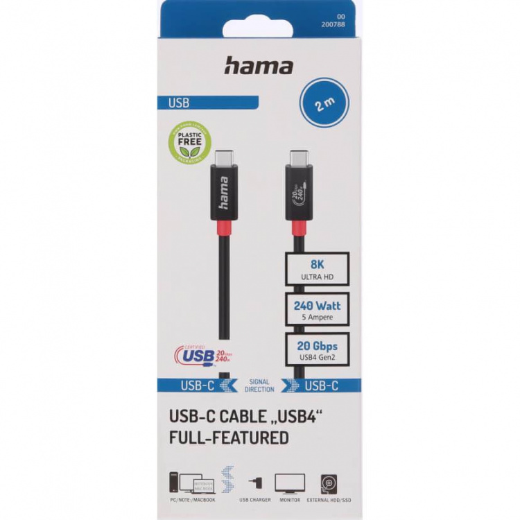 Hama Kabel USB-C USB 4.0 Gen2 20 Gbit/s 240W 2.0m Sort