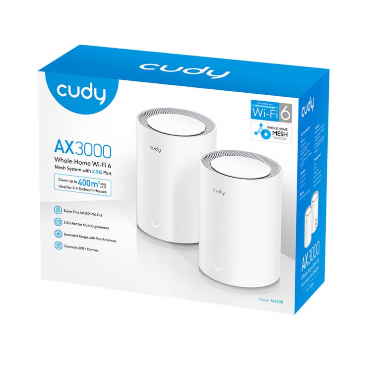 CUDY Mesh Solution M3000 2-pack AX3000 Gigabit Wi-Fi 6 2.5G Hvid