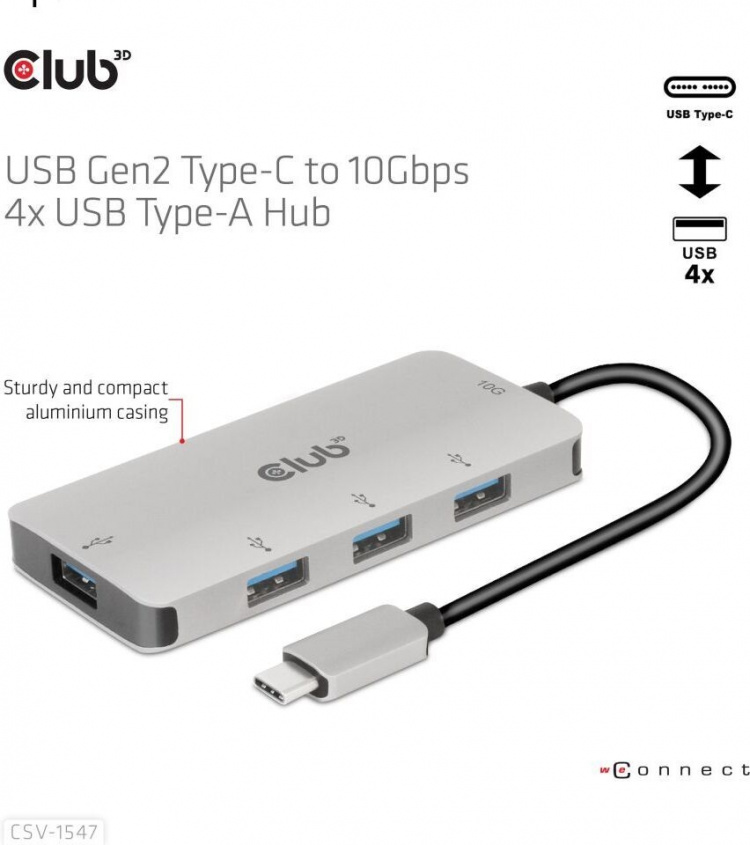 Club 3D USB Type-C til 10 Gbps 4x USB Type-A-hub