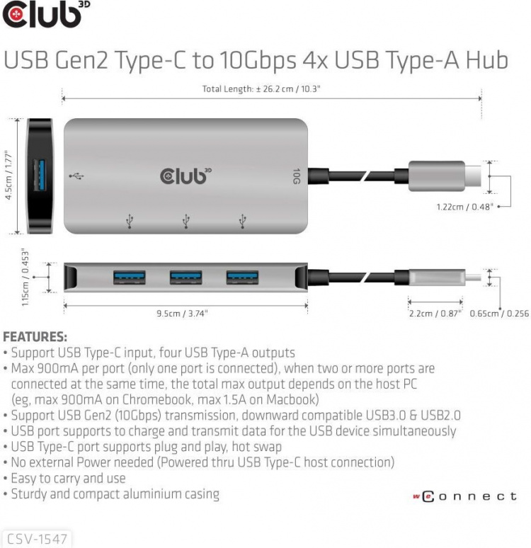 Club 3D USB Type-C til 10 Gbps 4x USB Type-A-hub