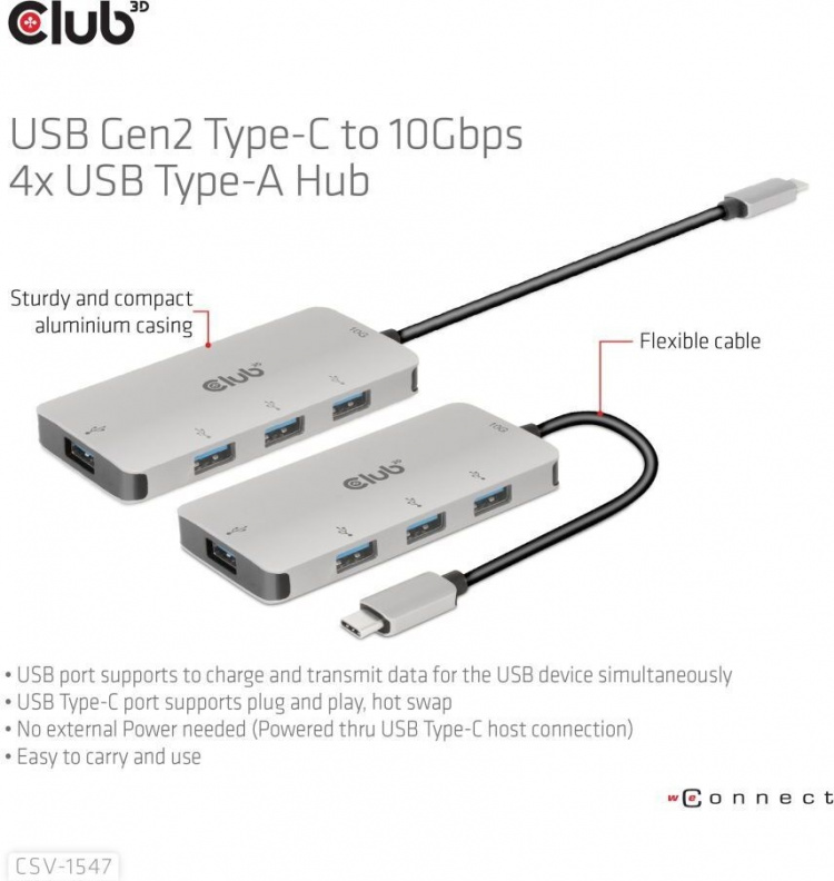 Club 3D USB Type-C til 10 Gbps 4x USB Type-A-hub