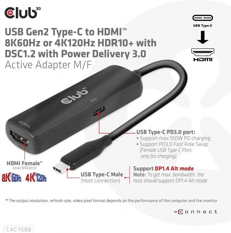 Club 3D CAC-1588 Type C - HDMI 2.1 PD 100W aktiv adapter, 4K120 Hz - 8K60Hz Club 3D CAC-1588 Type C - HDMI 2.1 PD 100W aktiv adapter, 4K120 Hz - 8K60Hz