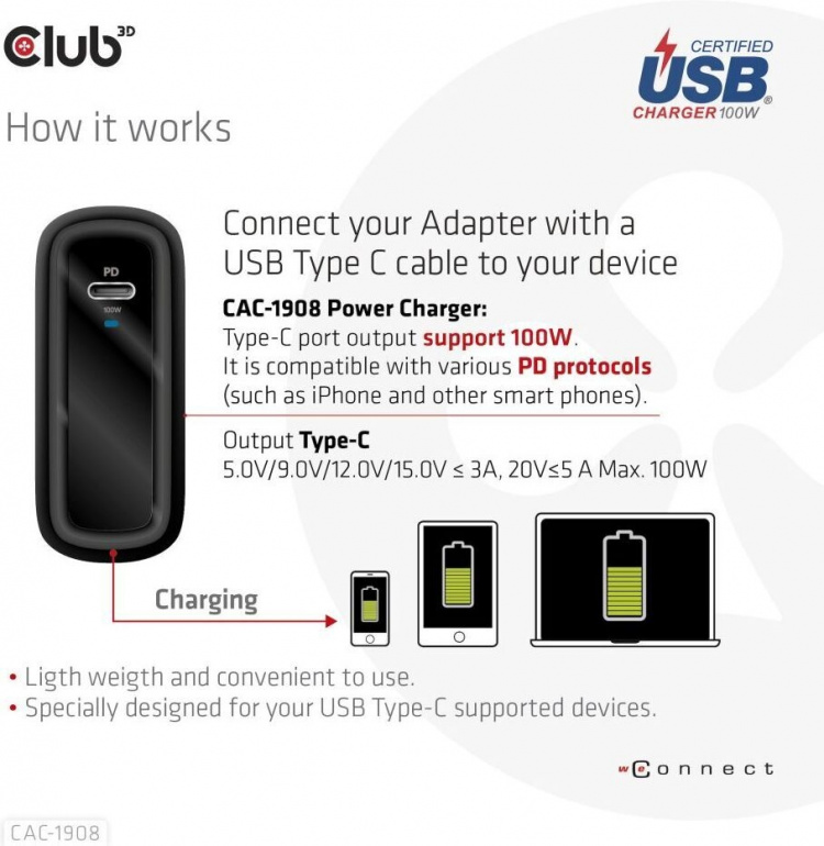 Club 3D CAC-1908EU Rejseoplader 100 W GaN USB-C-strømforsyning