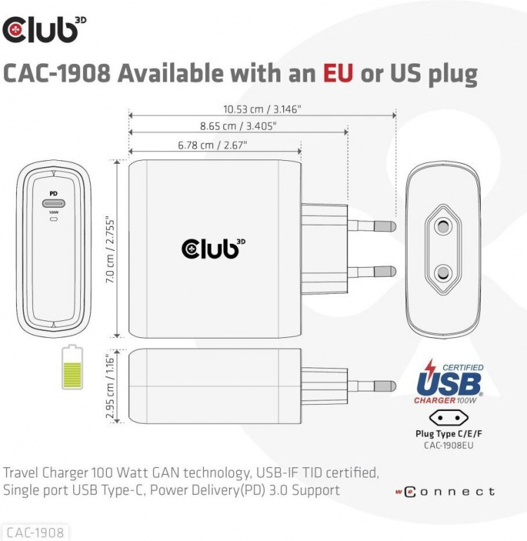 Club 3D CAC-1908EU Rejseoplader 100 W GaN USB-C-strømforsyning