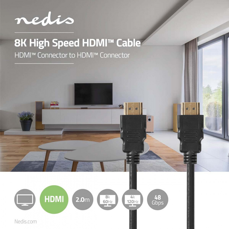 Nedis Ultra High Speed ​​HDMI ™ kabel | HDMI™ Stik | HDMI™ Stik | 8K@60Hz | 48 Gbps | 2.00 m | Runde | 6.5 mm | Sort | Label