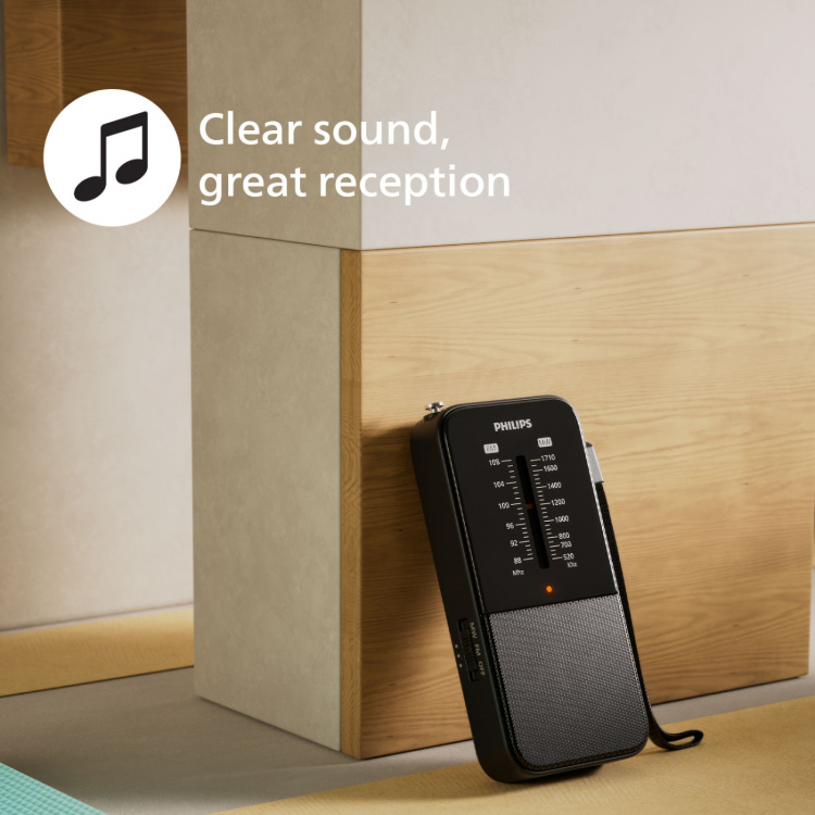 Philips Batteri-driven fick-radio med inbyggd högtalare. Analog FM/MW tuner