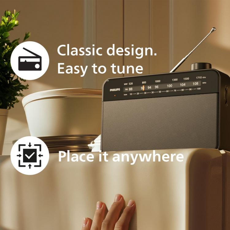 Philips Klassisk köks-radio. Nät- eller batteridrivern. Analog inställning