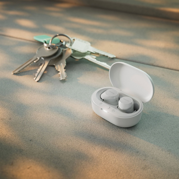 Philips TAT1209WT True Wireless-hörlurar. Små och bekväma. 6+18 tim speltid. IPX4-klass. Vita Philips TAT1209WT True Wireless-hörlurar. Små och bekväma. 6+18 tim speltid. IPX4-klass. Vita