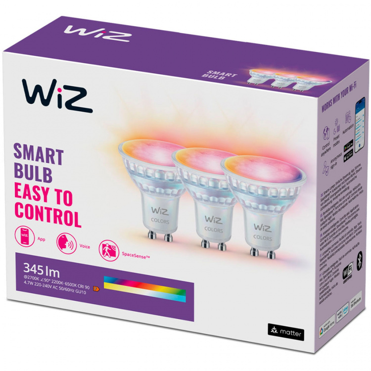 WiZ WiFi Smart LED GU10 50W 345lm Färg + Varm-kallvit 3-pack