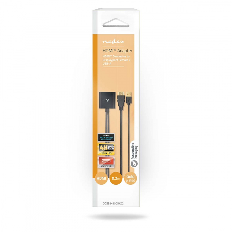 Nedis HDMI™ Adapter | HDMI™ Stik | DisplayPort Han / USB-A Han | Guldplateret | Lige | PVC | Sort | 1 stk. | Box