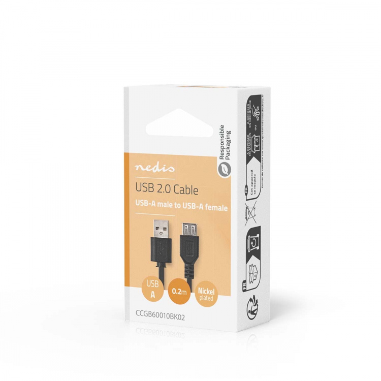 Nedis USB-kabel | USB 2.0 | USB-A Han | USB-A Hun | 480 Mbps | Nikkelplateret | 0.20 m | Runde | PVC | Sort | Box