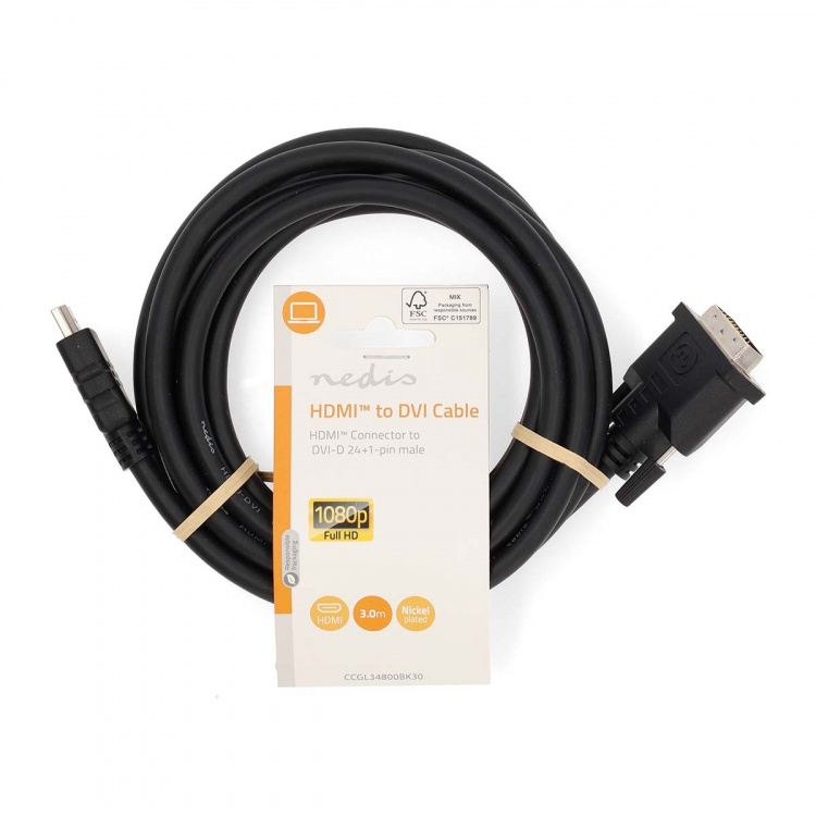 Nedis HDMI™ kabel | HDMI™ Stik | DVI-D 24 + 1-pin han | 1080p | Nikkelplateret | 3.00 m | Lige | PVC | Sort | Label