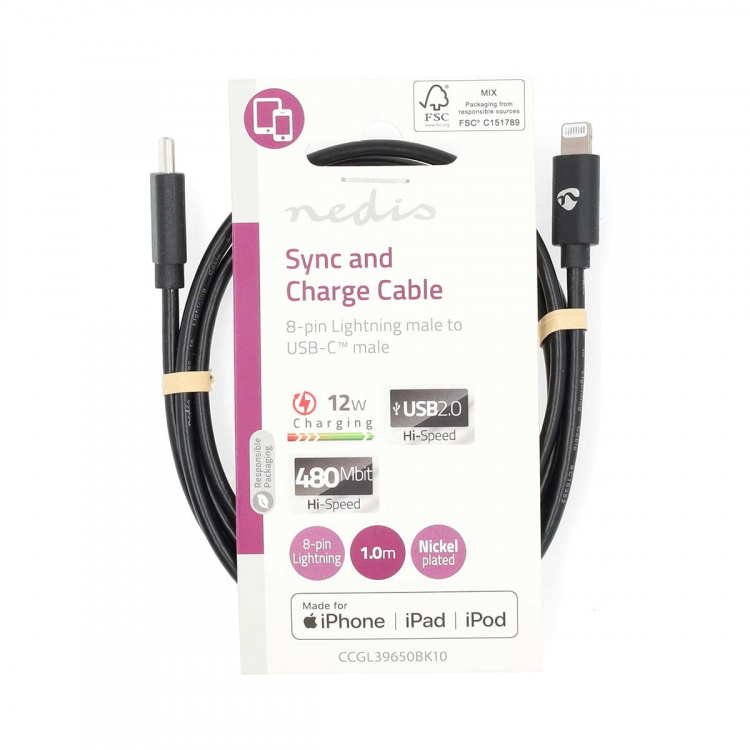 Nedis Lightning Kabel | USB 2.0 | Apple Lightning 8-pin | USB-C™ Han | 480 Mbps | Nikkelplateret | 1.00 m | Runde | PVC | Sort | Label