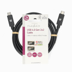 Nedis USB-kabel | USB 4.0 Gen 2x2 | USB-C™ Han | USB-C™ Han | 240 W | 8K@60Hz | 20 Gbps | Nikkelplateret | 2.00 m | Runde | PVC | Sort | Label