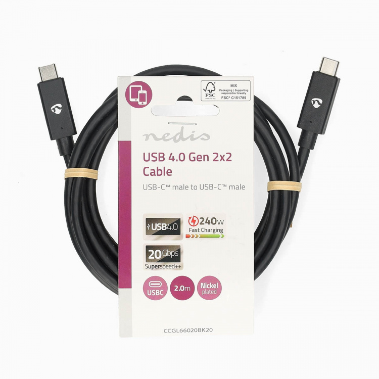 Nedis USB-kabel | USB 4.0 Gen 2x2 | USB-C™ Han | USB-C™ Han | 240 W | 8K@60Hz | 20 Gbps | Nikkelplateret | 2.00 m | Runde | PVC | Sort | Label