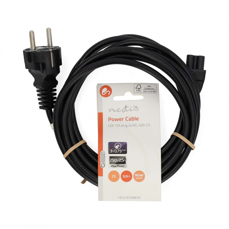 Nedis Strømkabel | Stikprop med sidebens jord – Han | IEC-320-C5 | Lige | Lige | Nikkelplateret | 3.00 m | Runde | PVC | Sort | Label