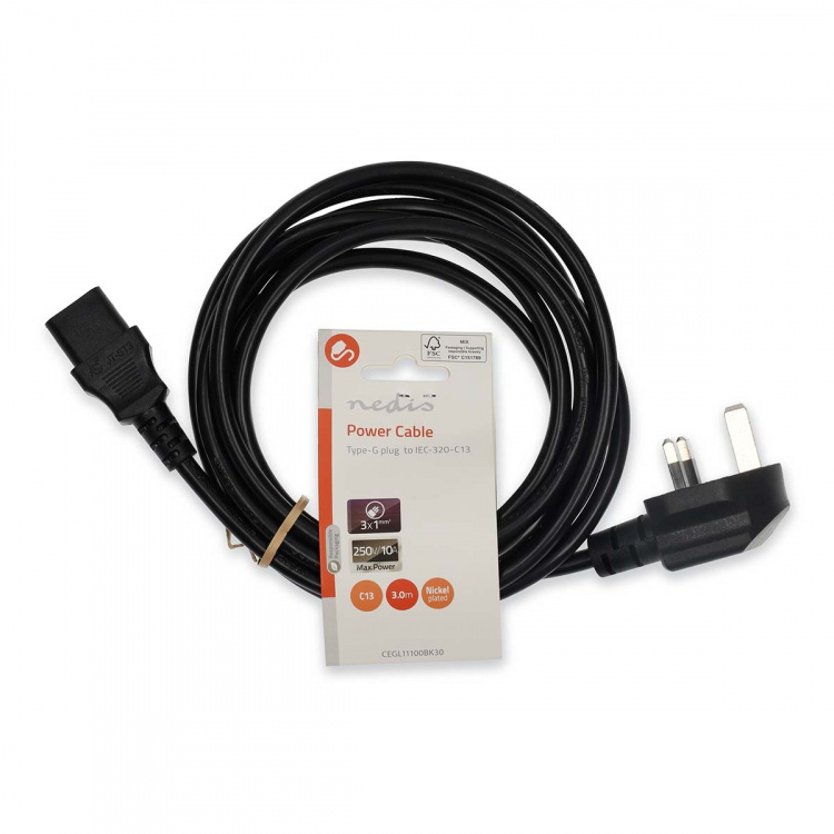 Nedis Strømkabel | UK Han | IEC-320-C13 | Vinklet | Lige | Nikkelplateret | 3.00 m | Runde | PVC | Sort | Label