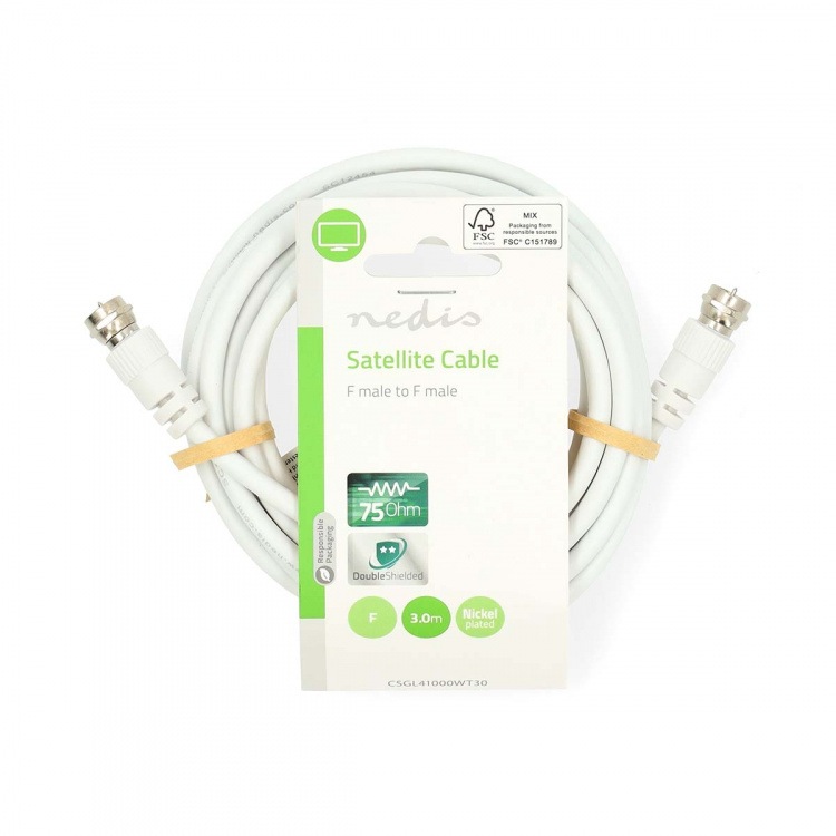 Nedis Satellit & Antennekabel | F Han Quick | F Han Quick | Nikkelplateret | 75 Ohm | Dobbelt afskærmet | 3.00 m | Runde | PVC | Hvid | Label