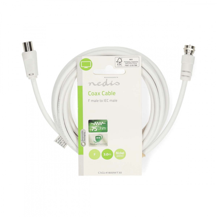 Nedis Satellit & Antennekabel | F Han Quick | IEC (Coax) Han | Nikkelplateret | 75 Ohm | Dobbelt afskærmet | 3.00 m | Runde | PVC | Hvid | Label