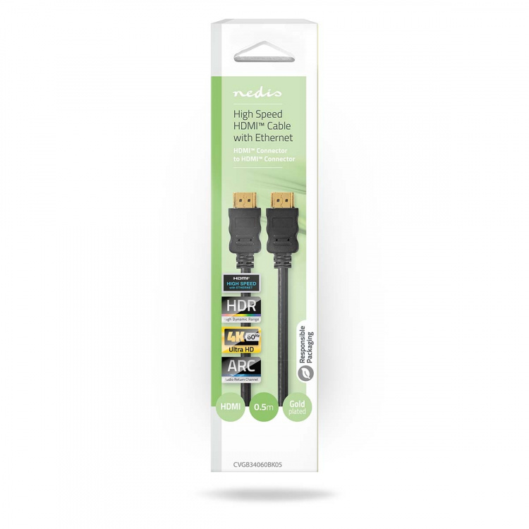 Nedis High Speed ​​HDMI ™ kabel med Ethernet | HDMI™ Stik | HDMI™ Stik | 4K@60Hz | ARC | 18 Gbps | 0.50 m | Runde | PVC | Sort | Box
