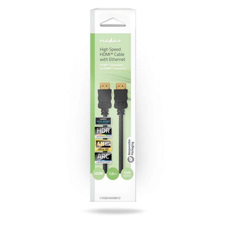 Nedis High Speed ​​HDMI ™ kabel med Ethernet | HDMI™ Stik | HDMI™ Stik | 4K@60Hz | ARC | 18 Gbps | 1.00 m | Runde | PVC | Sort | Box