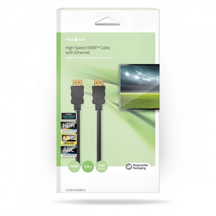 Nedis High Speed ​​HDMI ™ kabel med Ethernet | HDMI™ Stik | HDMI™ Stik | 4K@60Hz | ARC | 18 Gbps | 5.00 m | Runde | PVC | Sort | Box