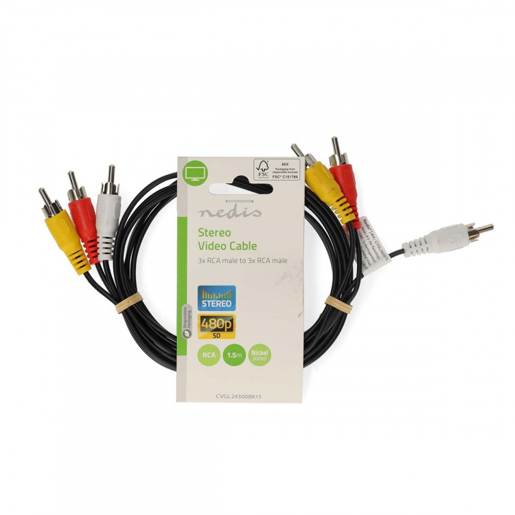 Nedis Composite Video kabel | 3x RCA Han | 3x RCA Han | Nikkelplateret | 480p | 1.50 m | Runde | PVC | Sort | Label
