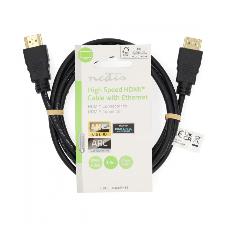 Nedis High Speed ​​HDMI ™ kabel med Ethernet | HDMI™ Stik | HDMI™ Stik | 4K@60Hz | ARC | 18 Gbps | 1.50 m | Runde | PVC | Sort | Label