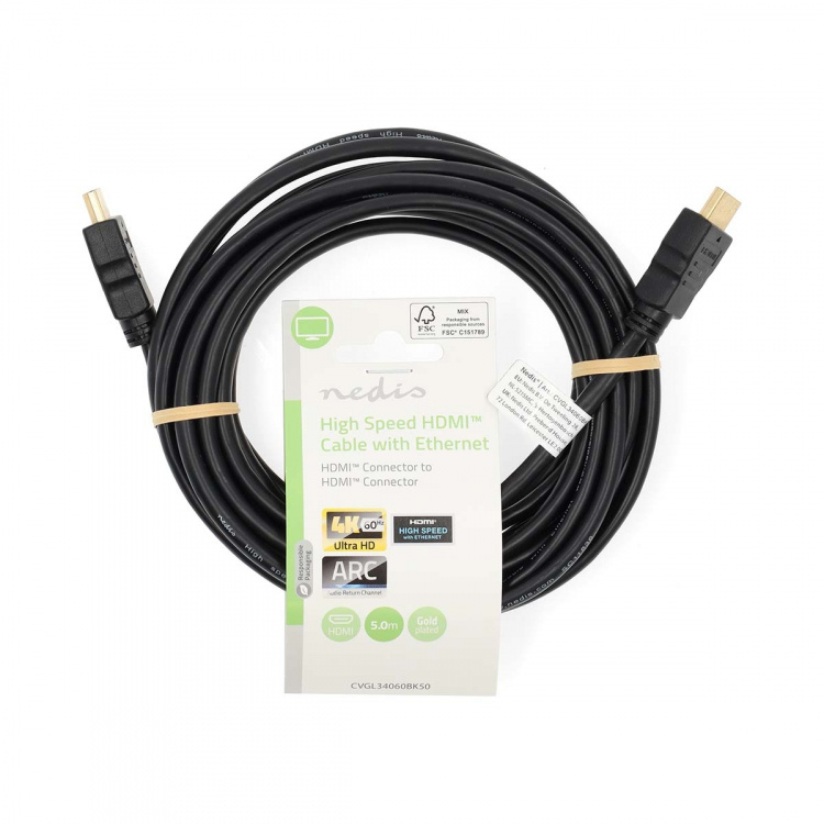 Nedis High Speed ​​HDMI ™ kabel med Ethernet | HDMI™ Stik | HDMI™ Stik | 4K@60Hz | ARC | 18 Gbps | 5.00 m | Runde | PVC | Sort | Label