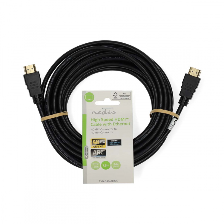 Nedis High Speed ​​HDMI ™ kabel med Ethernet | HDMI™ Stik | HDMI™ Stik | 4K@60Hz | ARC | 18 Gbps | 7.50 m | Runde | PVC | Sort | Label