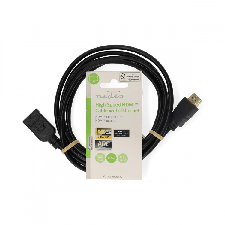 Nedis High Speed ​​HDMI ™ kabel med Ethernet | HDMI™ Stik | HDMI ™ -udgang | 4K@60Hz | ARC | 10.2 Gbps | 2.00 m | Runde | PVC | Sort | Label