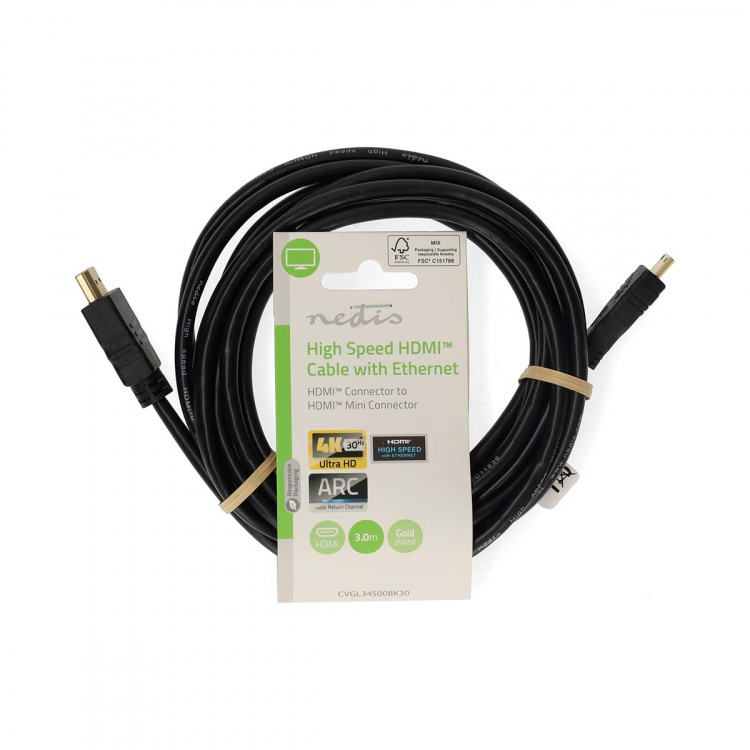 Nedis High Speed ​​HDMI ™ kabel med Ethernet | HDMI™ Stik | HDMI™ Mini-stik | 4K@30Hz | 10.2 Gbps | 3.00 m | Runde | PVC | Sort | Label