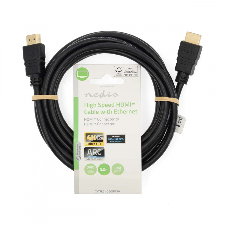 Nedis High Speed ​​HDMI ™ kabel med Ethernet | HDMI™ Stik | HDMI™ Stik | 4K@60Hz | ARC | 18 Gbps | 3.00 m | Runde | PVC | Sort | Label