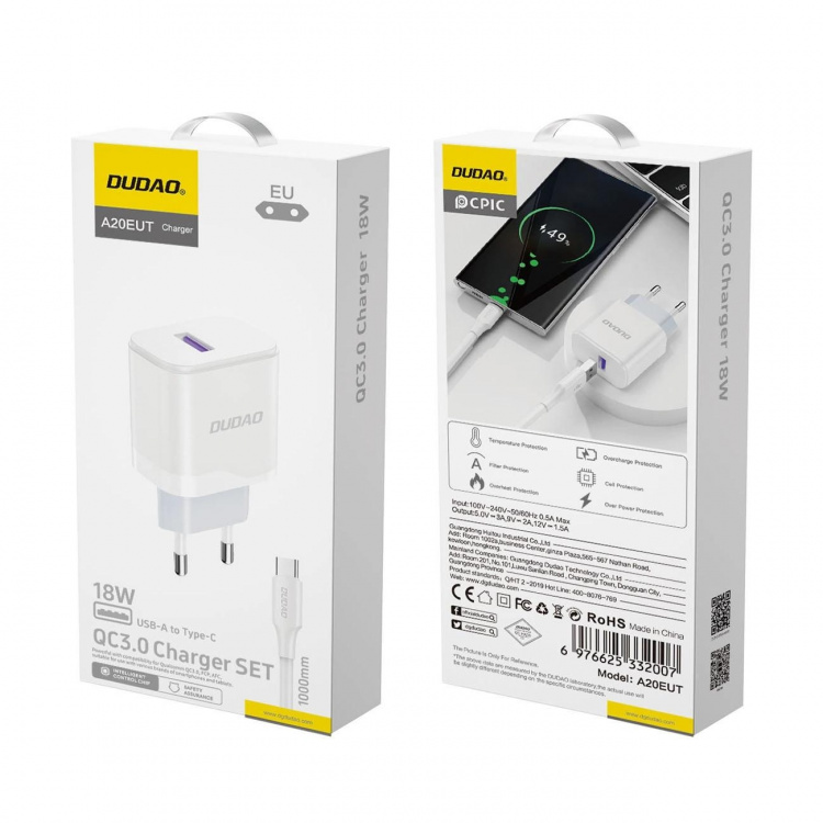 Dudao A20EU USB-A 18W mains charger - white + USB-A - USB-C cable