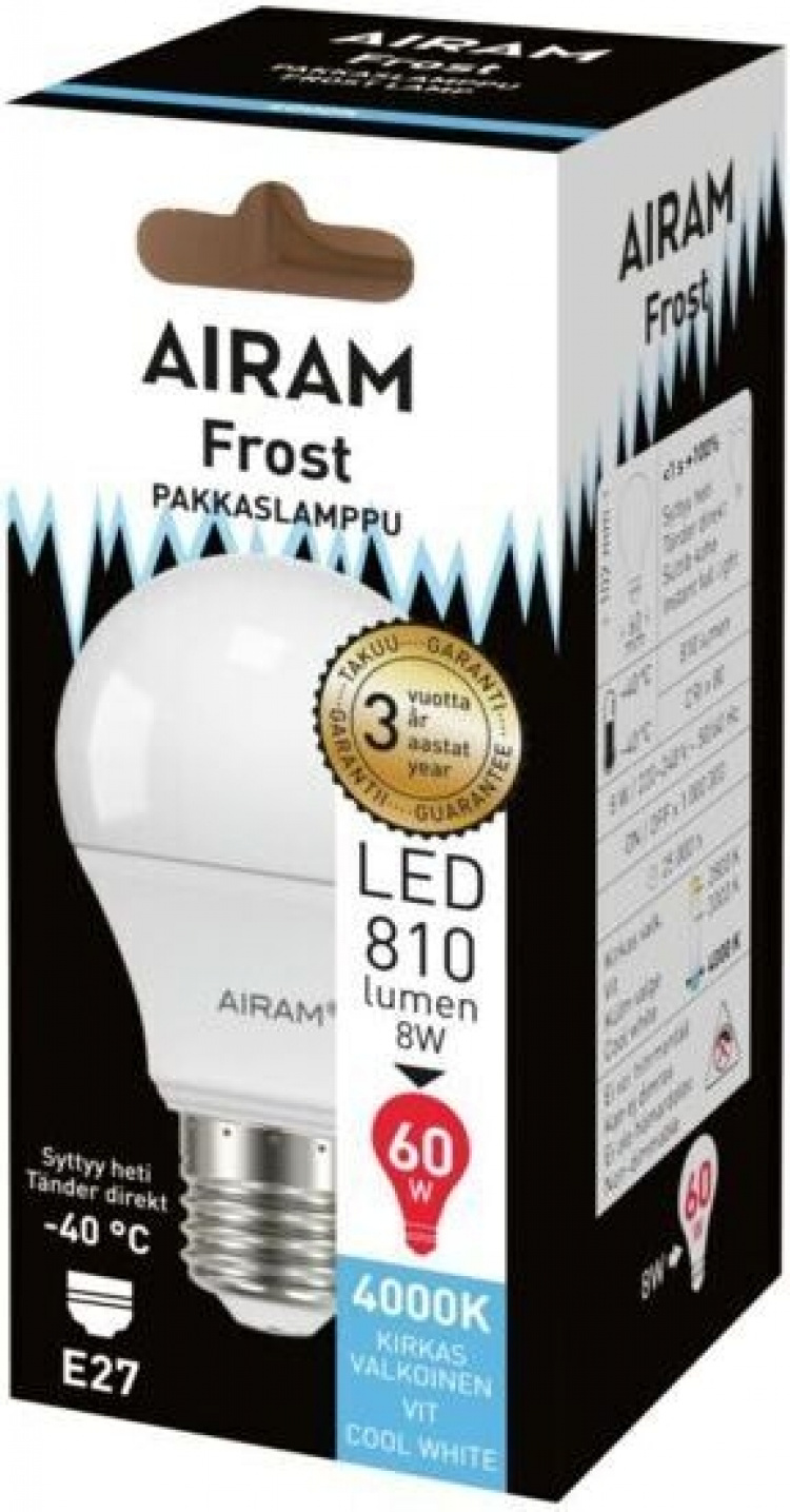 Airam LED frosted pære, E27, 4000K, 810 lm, opal