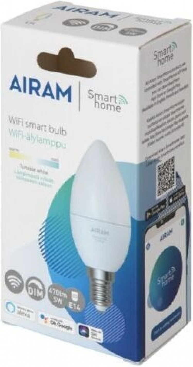 Airam SmartHome lyslampe, E14, opal, 470 lm, tunable white, WiFi Airam SmartHome lyslampe, E14, opal, 470 lm, tunable white, WiFi